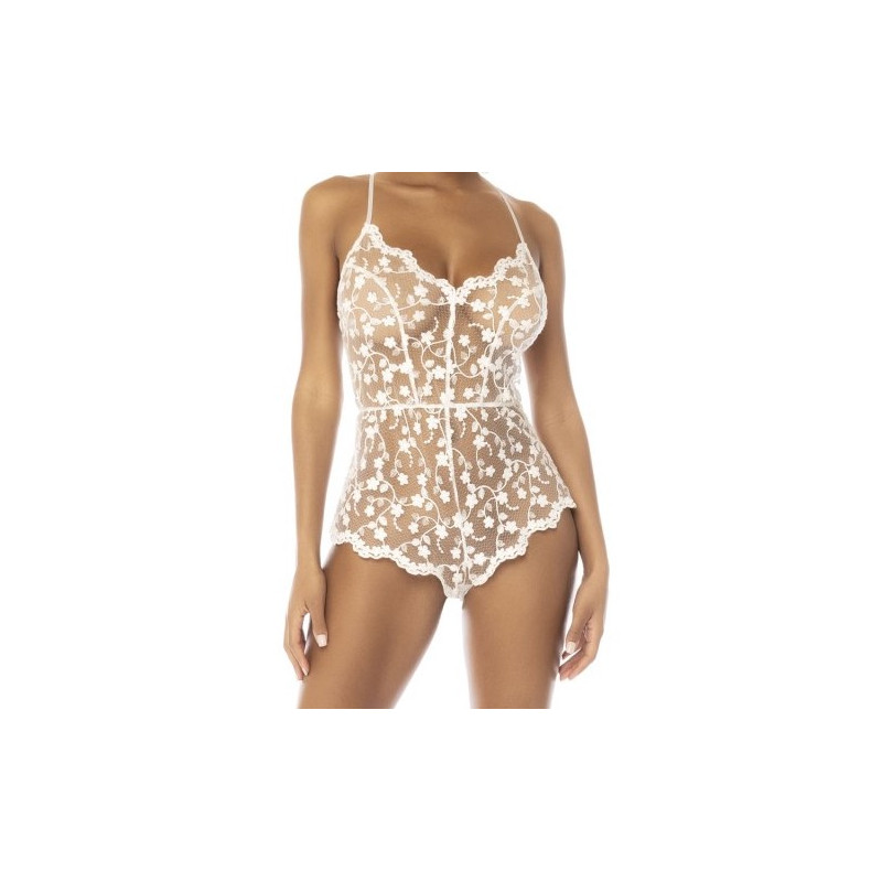 Body blanc transparent avec dentelle brodée florale, Mapalé